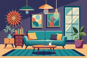 A colorful illustration depicting a modern living room with a teal sofa, geometric patterns, and a large window. vector