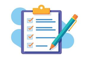 A cartoon image of a checklist on a clipboard with a pen and several items already checked off. vector