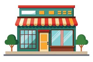 An illustration of a green storefront with a red and white striped awning, a glass storefront window, and a door. There are two small trees to either side of the building. vector