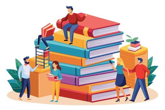An illustration featuring several people interacting around a large stack of books. Some are sitting and reading, while others are standing and talking. vector