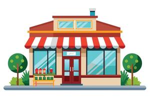 A cartoon image of a small store with a red and white striped awning and two green trees. vector