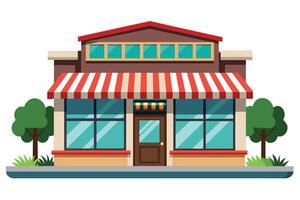 Illustration of a small store facade with a red and white striped awning, two large windows on each side, and a single door in the center. vector