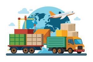A digital illustration depicting global shipping with a truck carrying containers, an airplane flying over a world map, and a crane in the background. vector