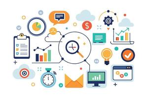 A vibrant illustration depicting a variety of time management and productivity strategies including goal setting, scheduling, and tracking progress. vector