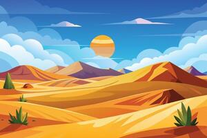 An illustration depicting a desert landscape with rolling sand dunes, a large sun setting in the sky, and fluffy white clouds. vector