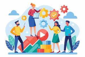 An illustration of a business team working together on a growth strategy. The team is standing on an upward arrow, and there are gears around them, representing the success of their work. vector