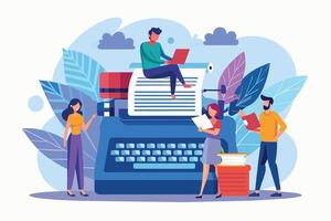 A group of four people work together on a large typewriter, each person contributing to a different aspect of the writing process. vector
