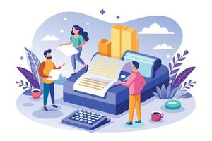 An illustration of people collaborating around a large printer and calculator. vector