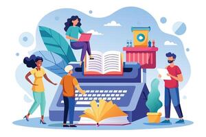 Illustration of a diverse group of people collaborating around a large typewriter with books. vector
