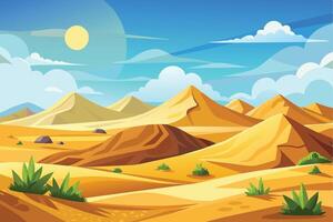 An illustration depicting a sunny day in a desert landscape, featuring rolling sand dunes, scattered vegetation, and a clear blue sky with white clouds. vector