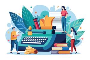 Three people are working together on writing a document using a vintage typewriter and books for inspiration. vector