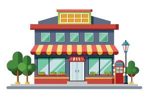 A brightly colored storefront with a striped awning, windows, and a door, sits on a sidewalk with trees and a street lamp. vector