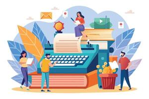 An illustration depicting a group of people collaborating on a creative writing project using a typewriter and books. vector
