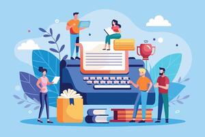 A team of writers collaborate on a writing project, utilizing a large, vintage typewriter. vector