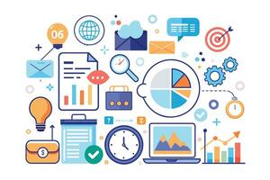 A colorful illustration depicting various business analysis and planning tools, including charts, graphs, clocks, a laptop, and a lightbulb. vector