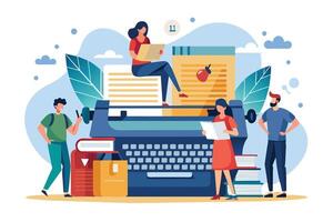A cartoon illustration depicting four people working on a large typewriter, surrounded by stacks of books and papers. vector