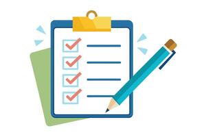 An illustration of a blue clipboard checklist with a pencil and checkmarks. vector