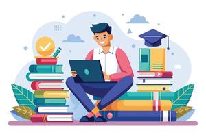 A happy student sits surrounded by books, using a laptop to learn. A graduation cap sits atop a stack of books, symbolizing the pursuit of education. vector