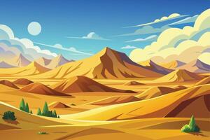 A vibrant illustration depicting a desert landscape with rolling sand dunes and mountains under a clear blue sky with puffy clouds. vector