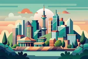 A colorful illustration of a modern city skyline with a tall tower and a river. The sunset is visible in the background, creating a warm and inviting atmosphere. vector