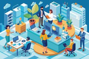 A colorful illustration of a modern office setting with diverse workers collaborating on a project, showcasing their teamwork and creativity. vector