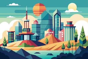A colorful, flat-design illustration of a city skyline with tall buildings, a sunset, and trees in the foreground. vector
