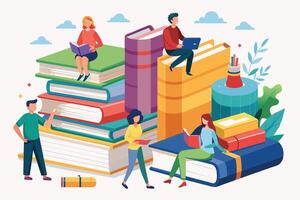 An illustration depicting various people engaging in activities related to learning and reading. vector