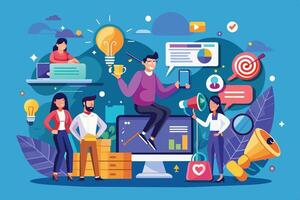 A group of four people celebrate their successful marketing campaign results, using digital tools such as a computer, smartphone, and megaphone. vector