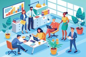 A diverse group of office workers are collaborating, working on laptops, and engaging in conversation within a modern, bright office space. vector
