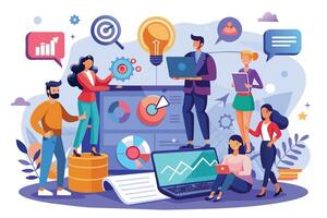A group of diverse individuals collaborate on data analysis and business growth strategies, working together to achieve common goals. vector
