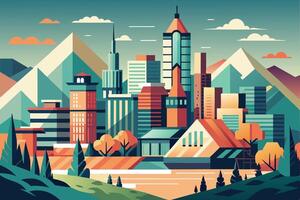 A vibrant and colorful digital illustration of a city with tall buildings, a mountain range, and trees in a flat design style. vector