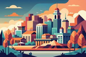 A vibrant illustration of a city skyline at sunset. Tall buildings with geometric designs are depicted, along with trees and a river, creating a picturesque scene. vector