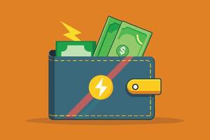 An illustration of a blue wallet with cash and a lightning bolt, representing fast and easy payments. vector