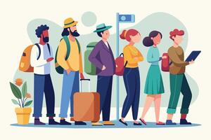 A group of people, including a man with a suitcase, wait in line at a bus stop. vector