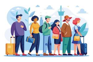 A colorful illustration depicts a diverse group of people waiting in line at an airport gate. They are all carrying luggage and appear to be excited for their upcoming trip. vector