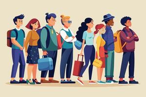 An illustration of a diverse group waiting at an airport with luggage, dressed casually and ready for a journey. vector