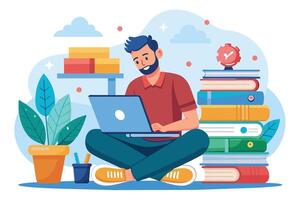 A man sits on the floor with his legs crossed while working on a laptop. A stack of books are behind him and a small potted plant is to his left. vector