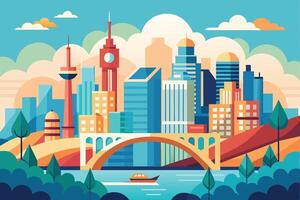 An illustration of a city skyline with tall buildings, a bridge, a boat, and trees. The cityscape is depicted in a colorful flat design style. vector