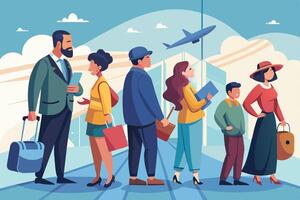 A diverse group of people stand in line at an airport terminal, waiting for their flight. There is a man pulling a suitcase, a woman holding a shopping bag, and a young boy. vector