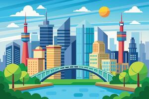 An illustration of a city with tall buildings, a bridge crossing a river, and green trees in the foreground. vector