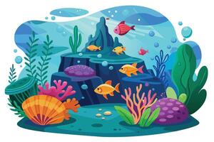An illustration of a vibrant underwater scene with colorful fish swimming around coral reefs and seaweed. vector