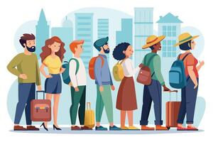 A diverse group of people in casual clothing with backpacks and suitcases stand in line in a city setting, preparing for a journey. vector