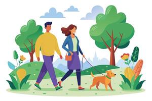 A couple walks their dog on a leash through a park on a sunny day. Lush green trees and flowers surround them, creating a picturesque setting. vector