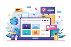 An illustration of a modern laptop with a colorful website interface, featuring various illustrations and icons. vector