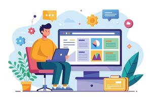 A man sits at a desk working on his laptop, surrounded by icons of gears, messages, and a cloud, symbolizing his connection to the online world. vector