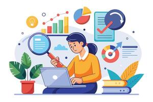 A woman sits on a chair and uses a laptop computer to analyze data while holding a magnifying glass. Charts, graphs, and other data visualizations surround her. vector