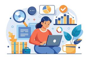 An illustration of a woman sitting on the floor with a laptop, surrounded by data and analytics charts. vector