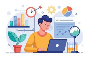 An illustration of a young man working on a laptop, surrounded by charts and graphs, symbolizing data analysis and business strategy. vector