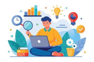 A man sits on the floor with a laptop, holding a magnifying glass. Data charts, clock, lightbulbs, and gears surround him, symbolizing analysis, time management, creativity, and efficiency. vector