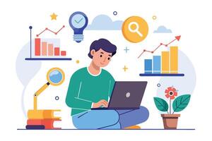 An illustration of a young man sitting on the floor with a laptop on his lap, surrounded by various data visualizations including charts, graphs, and magnifying glasses. vector